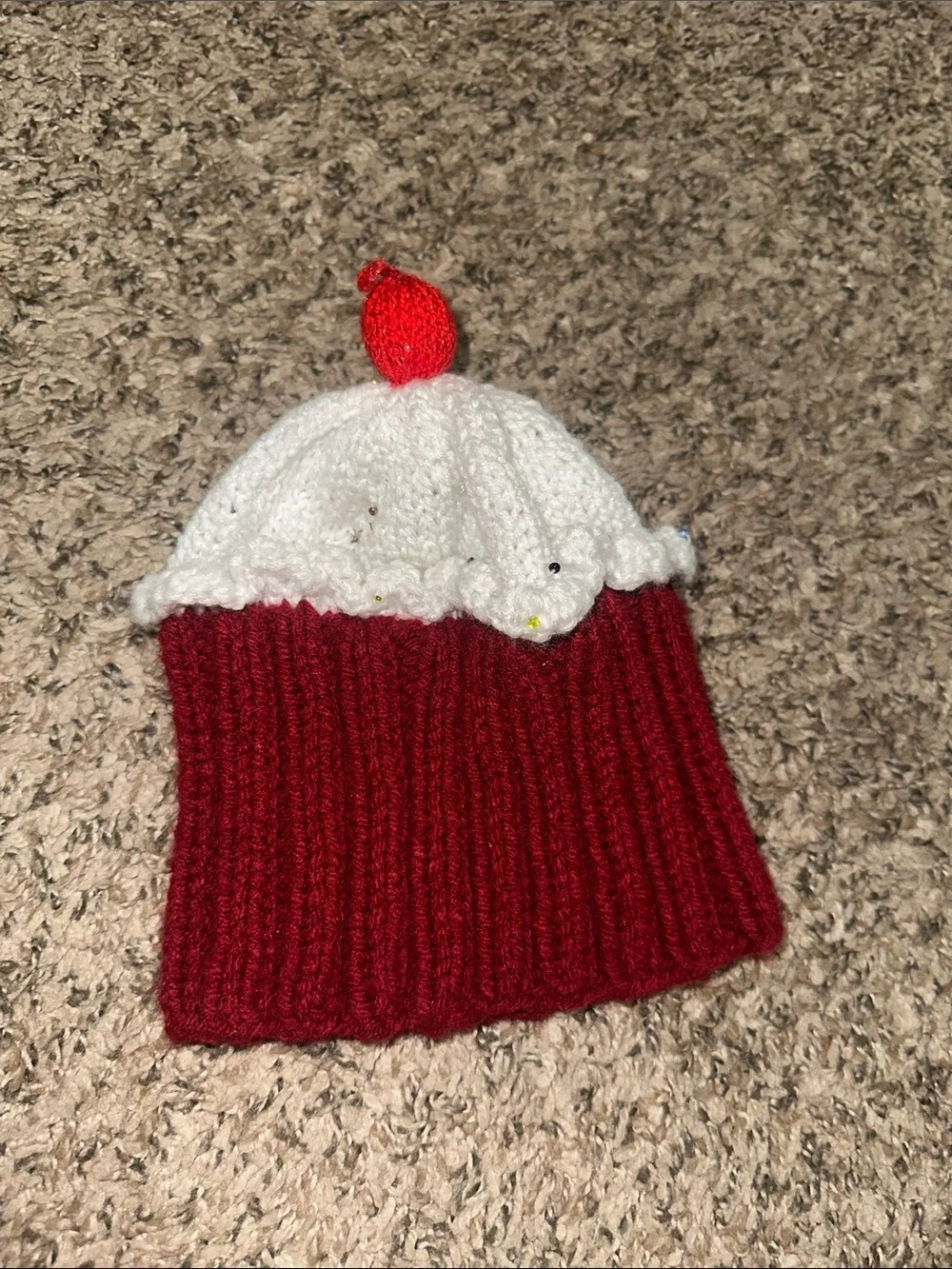 Kids Red Cupcake Beanie Hat with White Frosting, Beaded Sprinkles and Cherry